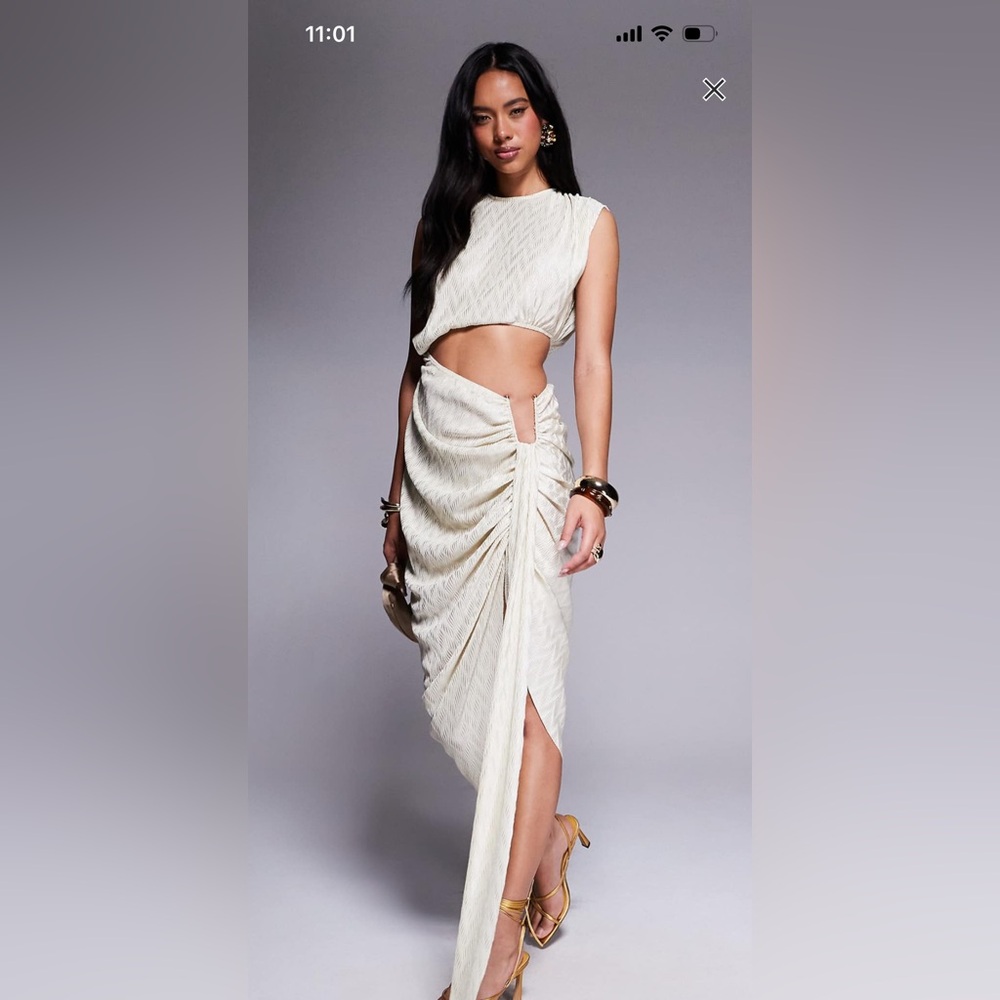 ASOS Cream Ruched Side-Slit Midi Skirt